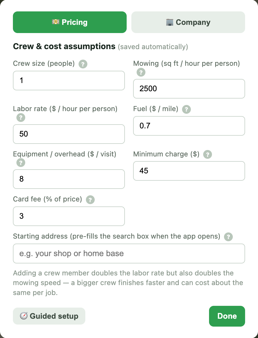 The Crew & cost assumptions panel